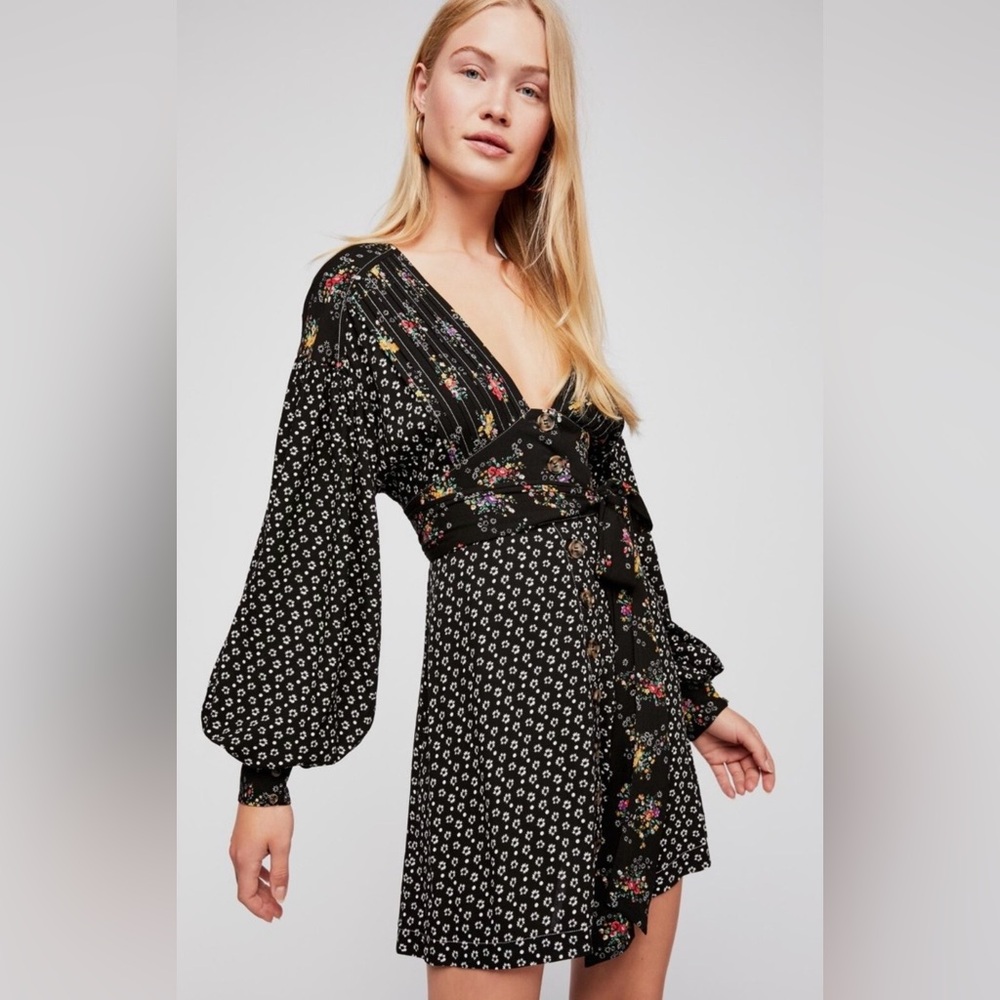 Free People Floral Black Long Sleeve Short Dress XS
